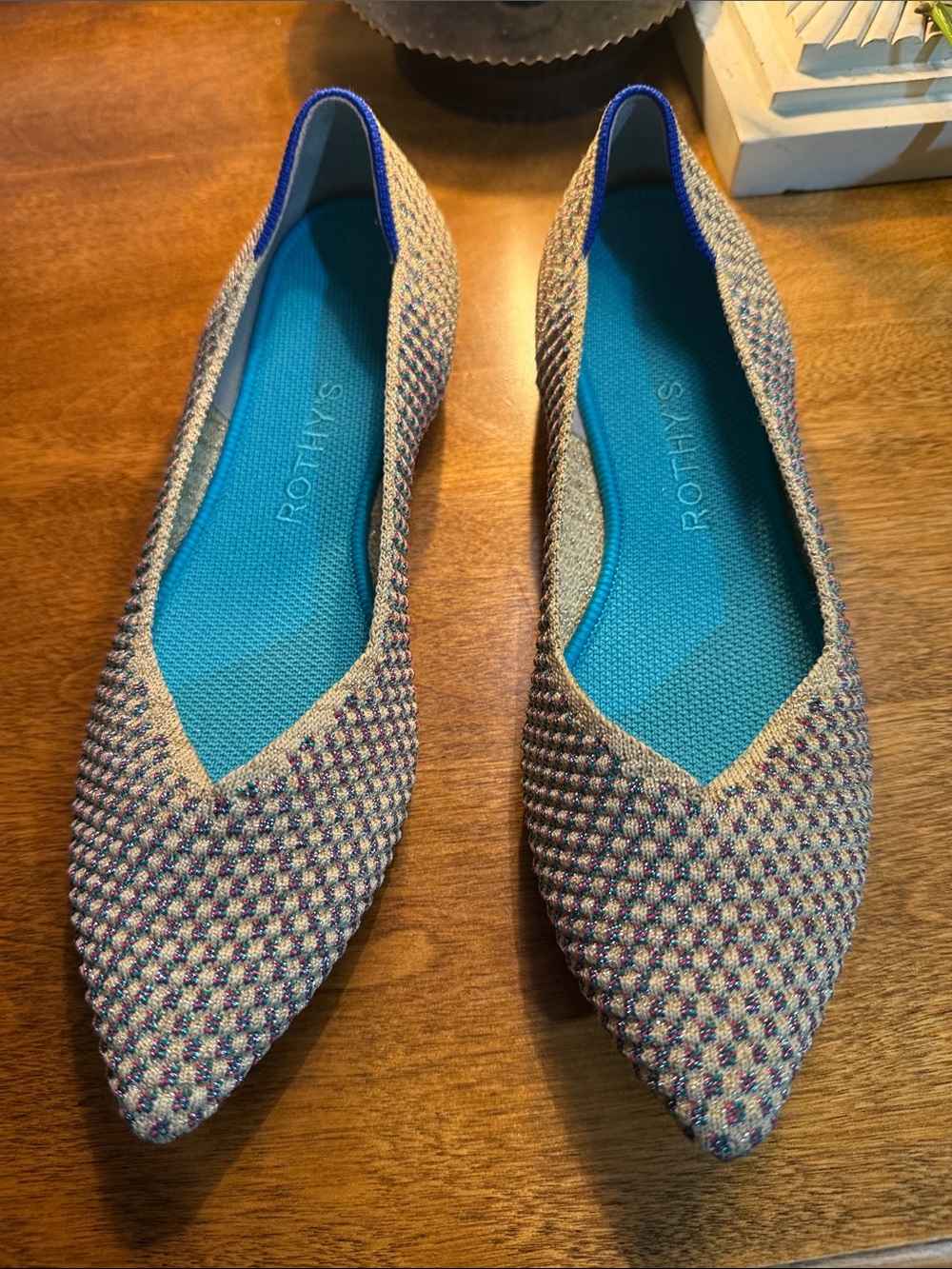 Rothy's Beige Multicolor Pointed Knit Flats with Turquoise Insole
